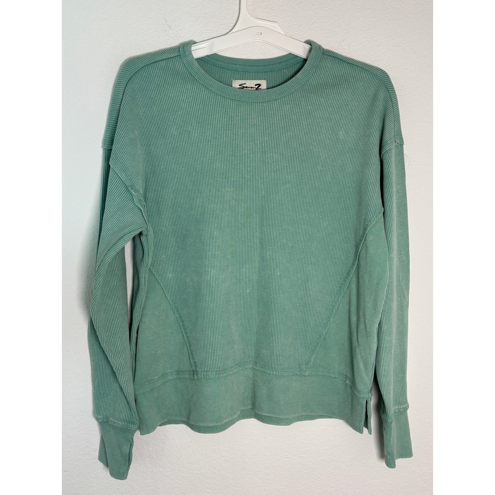 Seven7 Waffle Knit Thermal Top Sage Green Mineral Wash Long Sleeve Crew Neck M